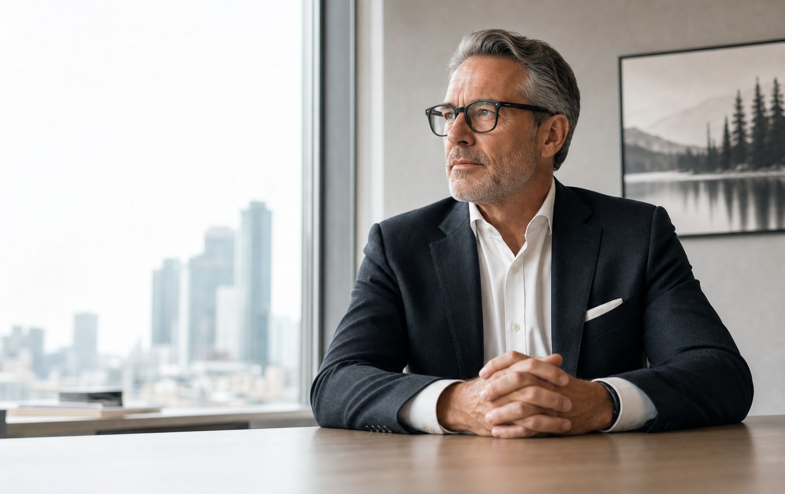 Senior business leader wearing glasses in a Canadian executive office